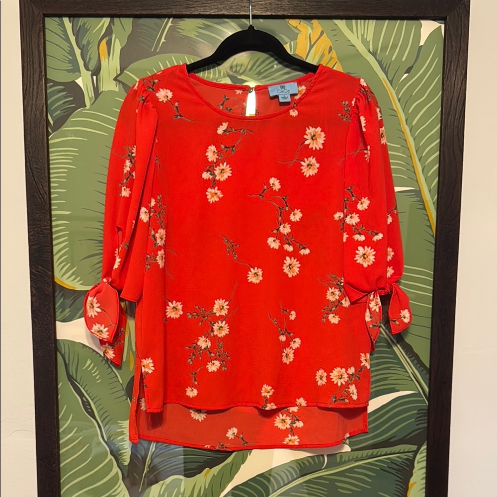 CeCe Red Floral Tie Sleeve Blouse with Relaxed Fit